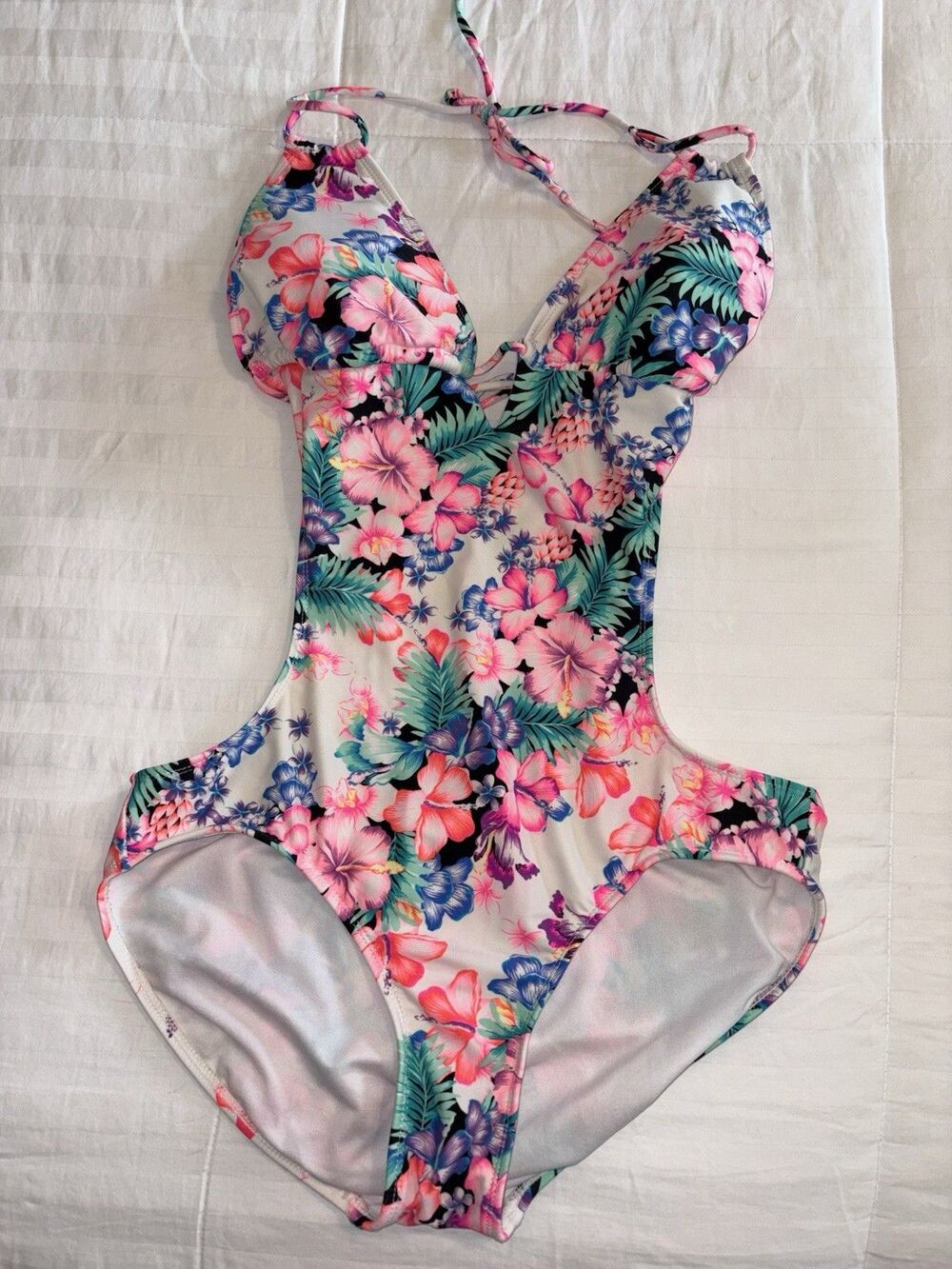 Ocean Pacific OP One Piece Cut Out Bathing Suit Swimwear Floral Tropical Large